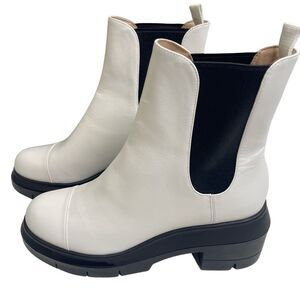 Stuart Weitzman white‎ pull on boots, chunky, white leather, platform, size 10,